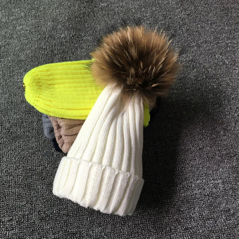 Winter Female Fur Pom Poms hat
