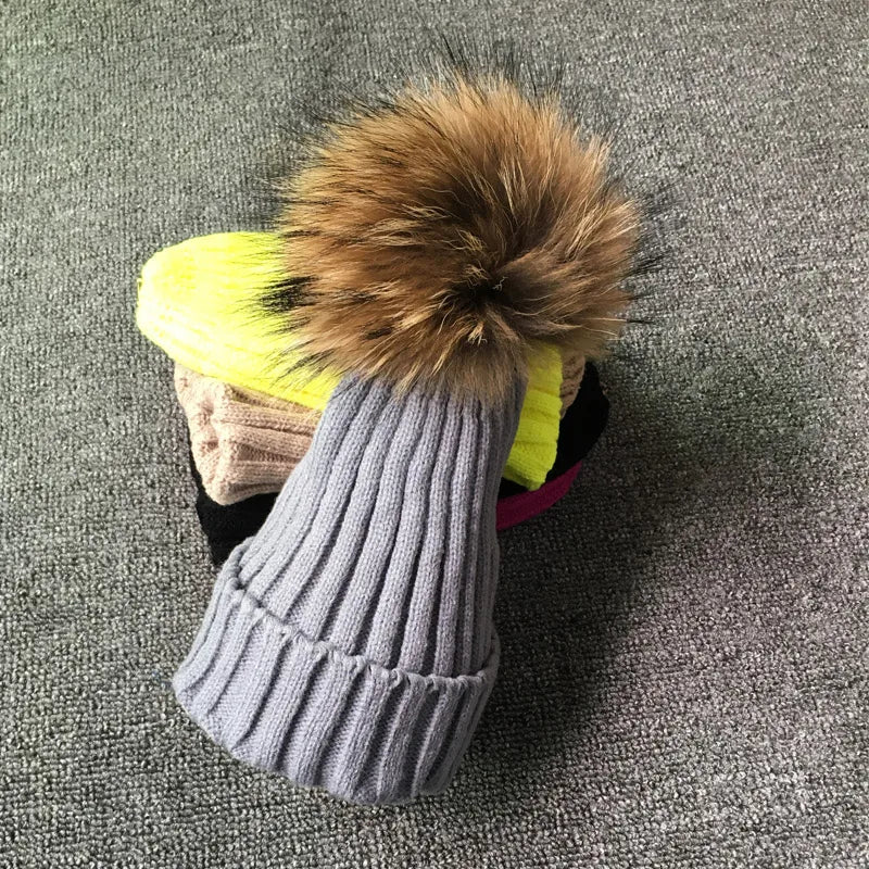 Winter Female Fur Pom Poms hat
