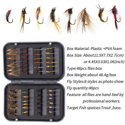 48pcs Dry Flies with Fly Box for Trout Fishing Lure Bait