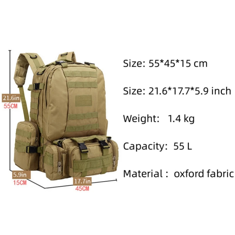 4 in 1 Backpack 55L Tactical Backpack Military Bag Army Rucksack Outdoor Sport Bag Men Camping Hiking Travel Climbing Mochila