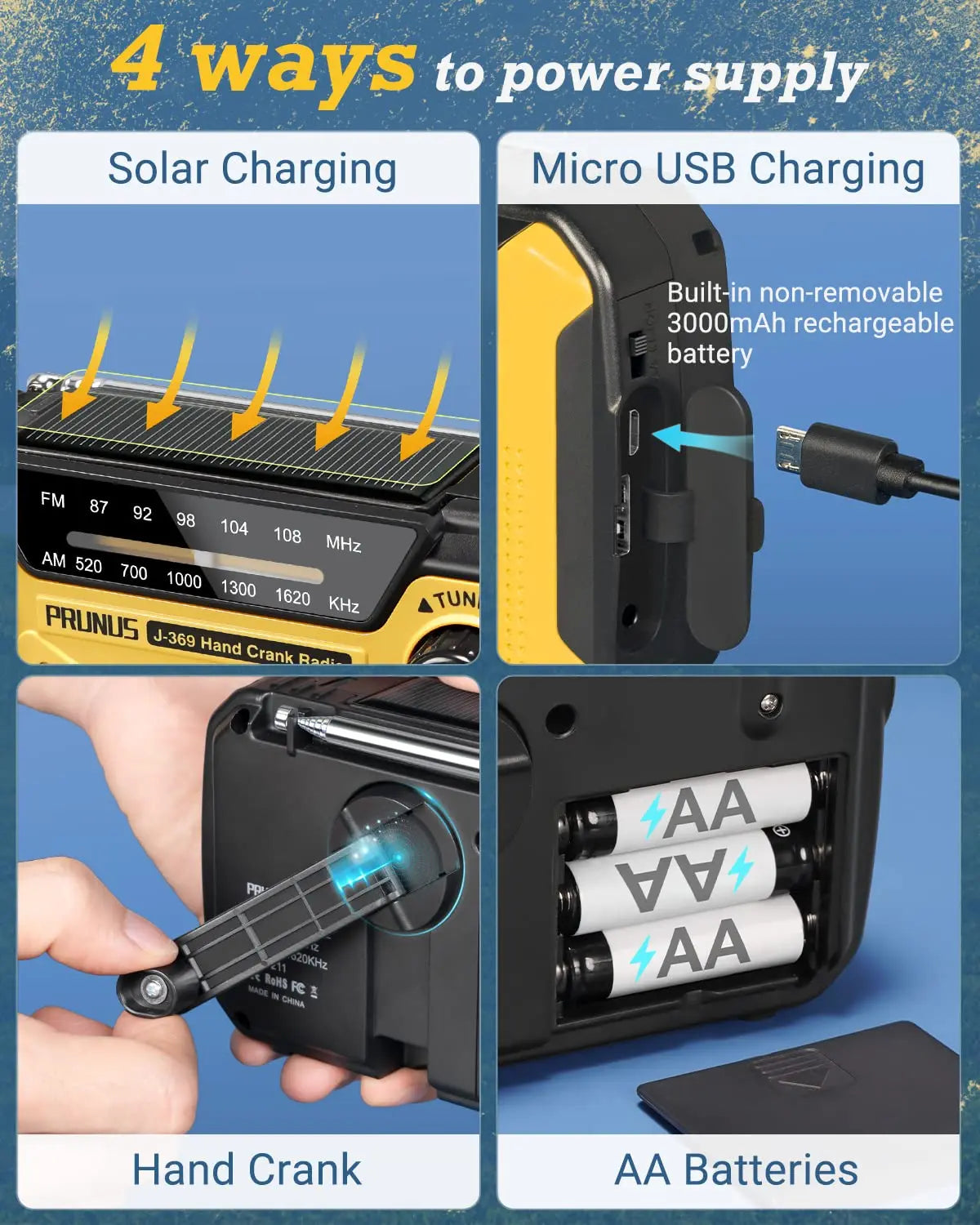 Radio Solor Hand Crank USB AA Batteries Rechargeable